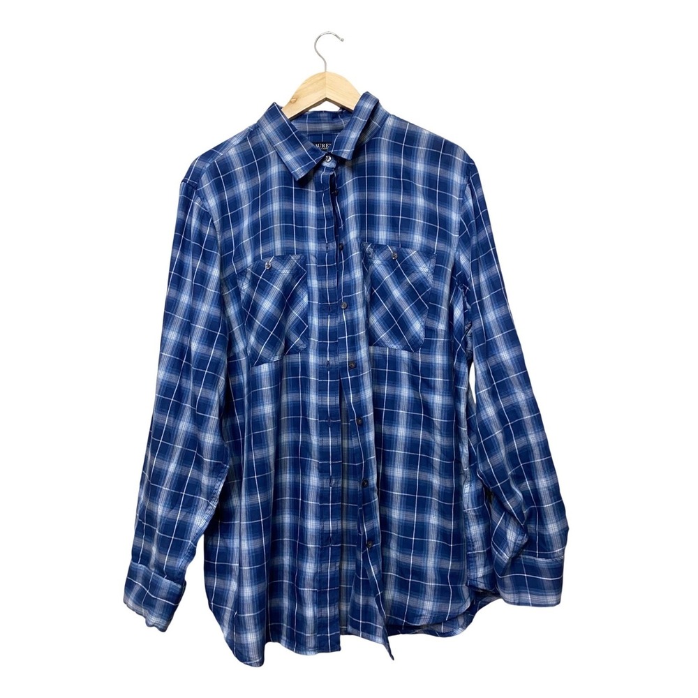 Lauren Ralph Lauren 2X Blue Plaid Cotton‎ Button Down Shirt Roll Tab Sleeve